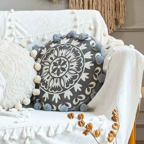 Decorative Boho Round Pillow Covers 18 inch Vintage Embroidered Grey, Pack of 1) - Picture 2 of 8